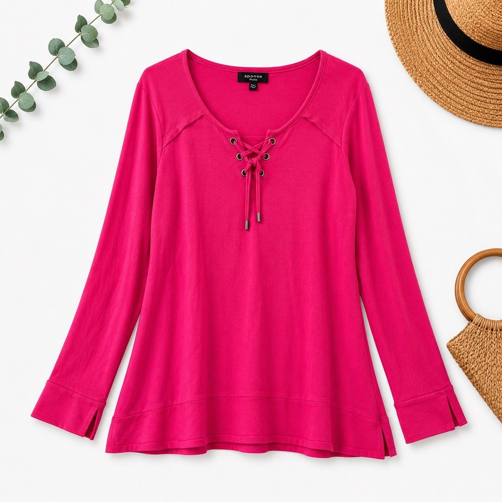 Spense Knits Magenta Pink Lace Up V-Neck Long‎ Sleeve Top XXL Women Casual Shirt
